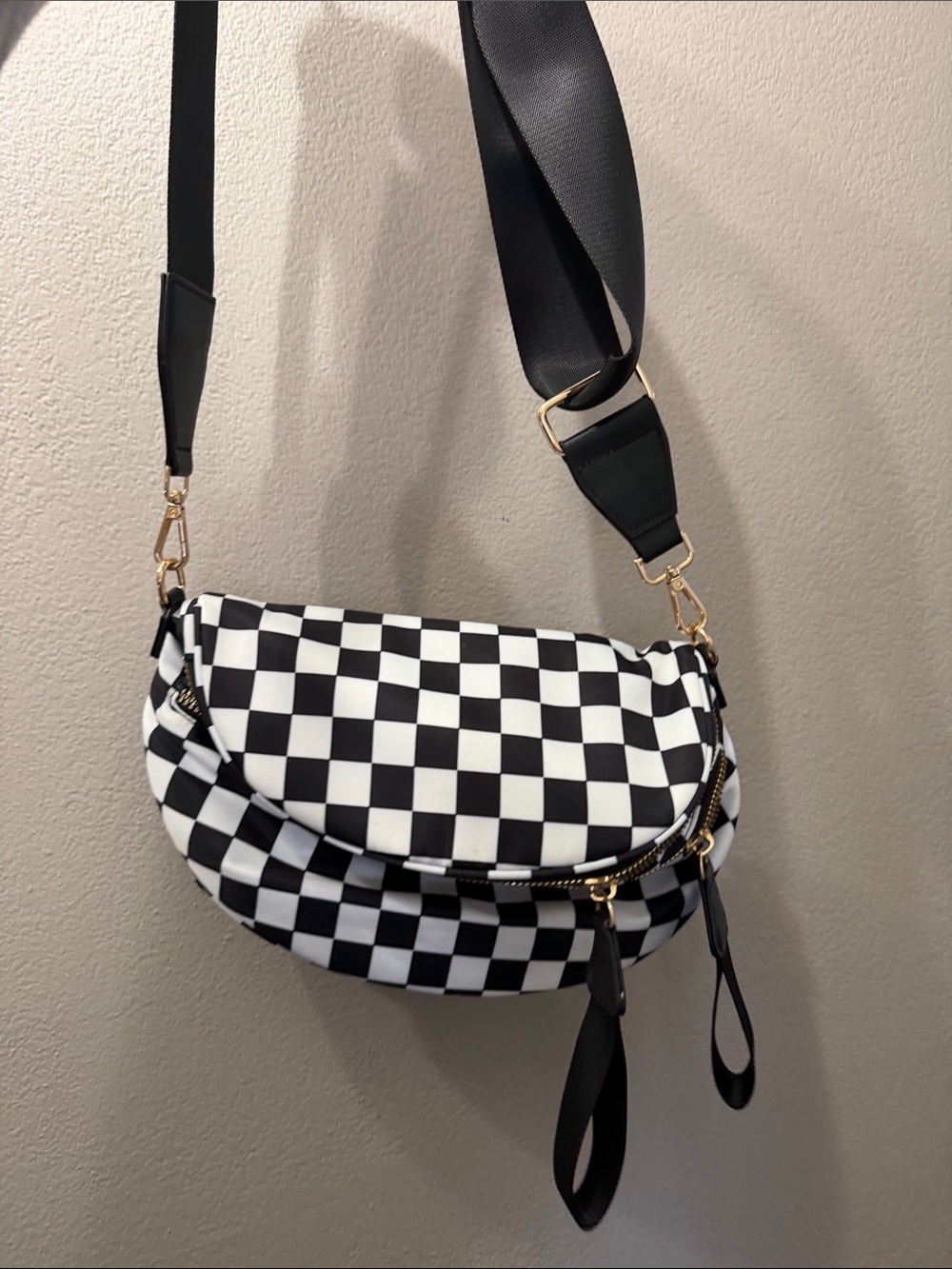 Black & White Checker Crossbody Bag with Wide Strap